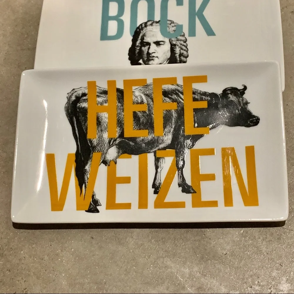 Crate&Barrel Set of 3 Beer Rectangle Plates Bock/Hefeweizen/ Lambic